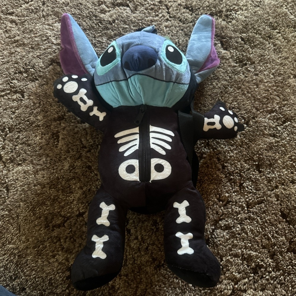 Disney Stitch Plush Black Halloween Skeleton Backpack‎ 20" NWT